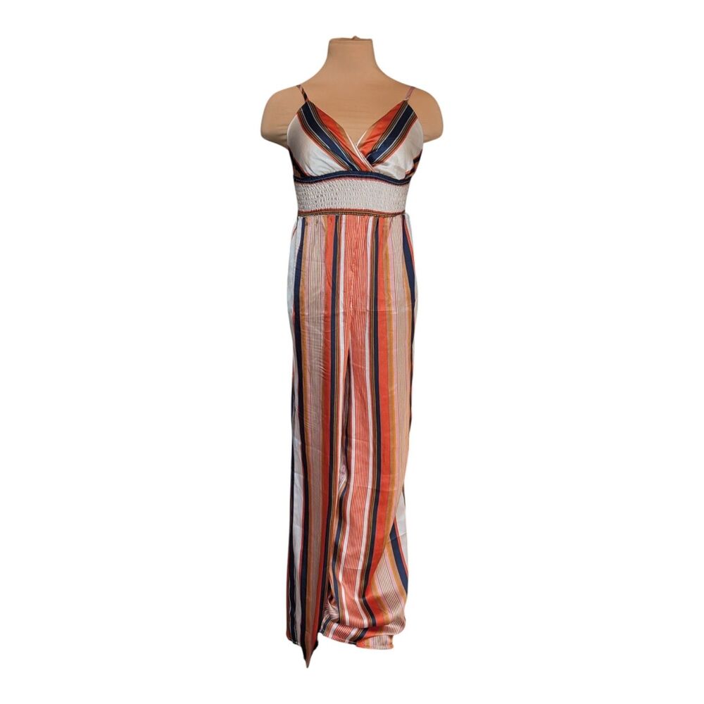 Guess Striped Jumpsuit Size Small Satin Empire Smocked Waist Open Back Wide Leg